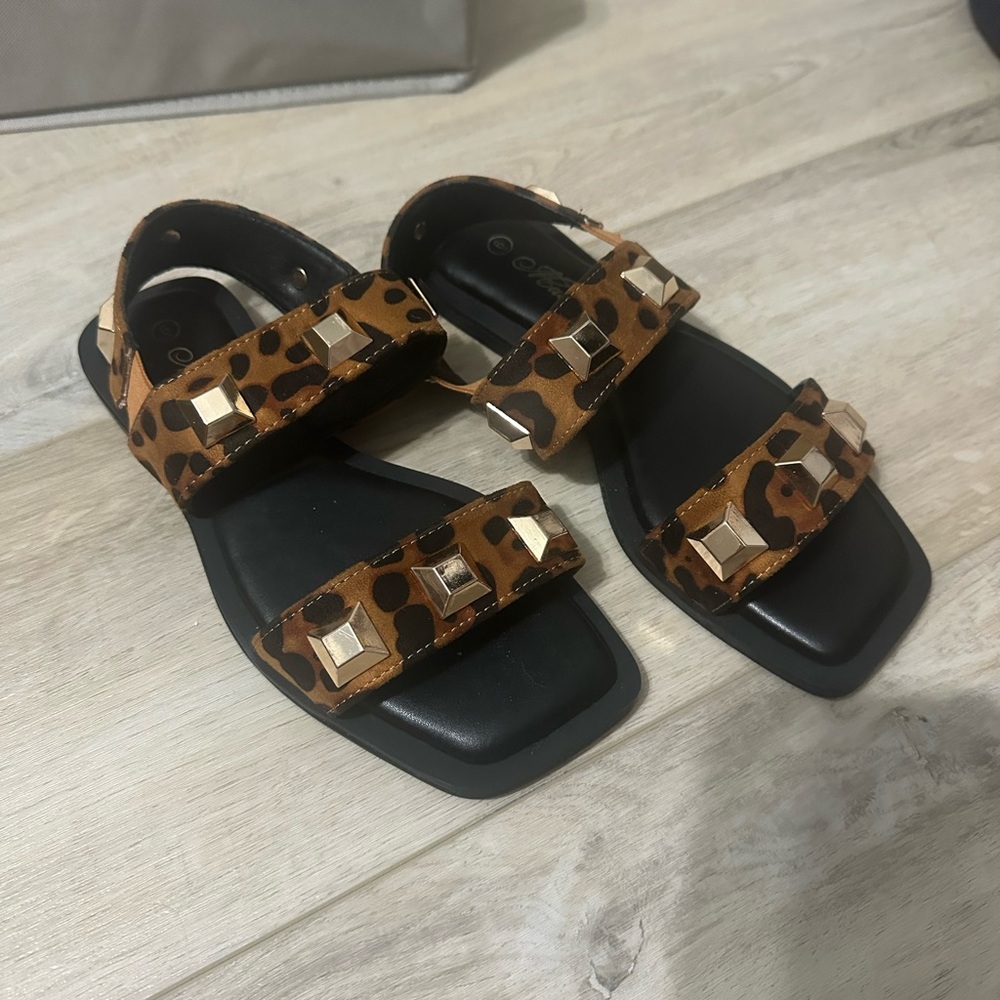Leopard Print Sandals with Stud Accents